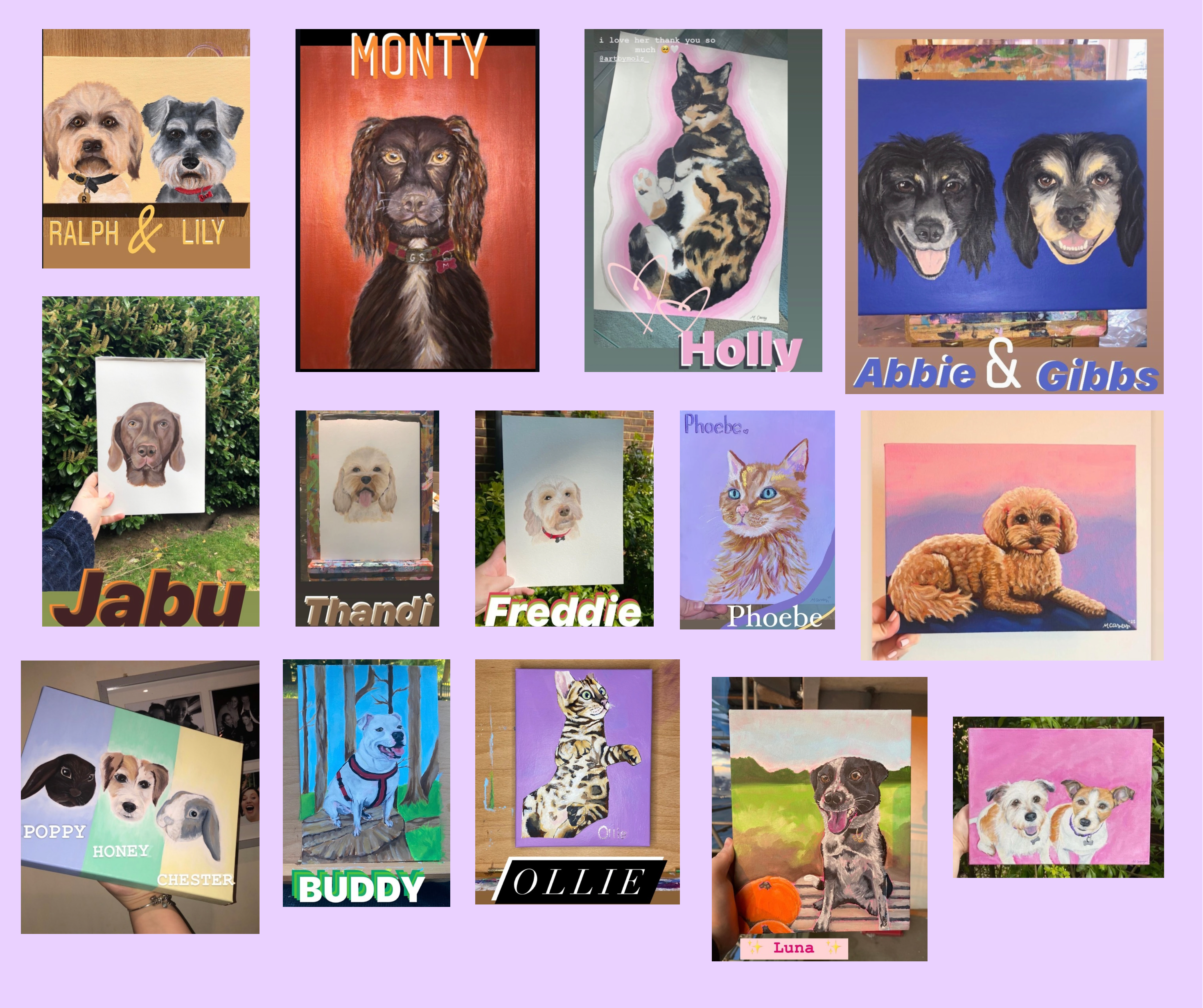 A selection of pet portrait paintings with their names.