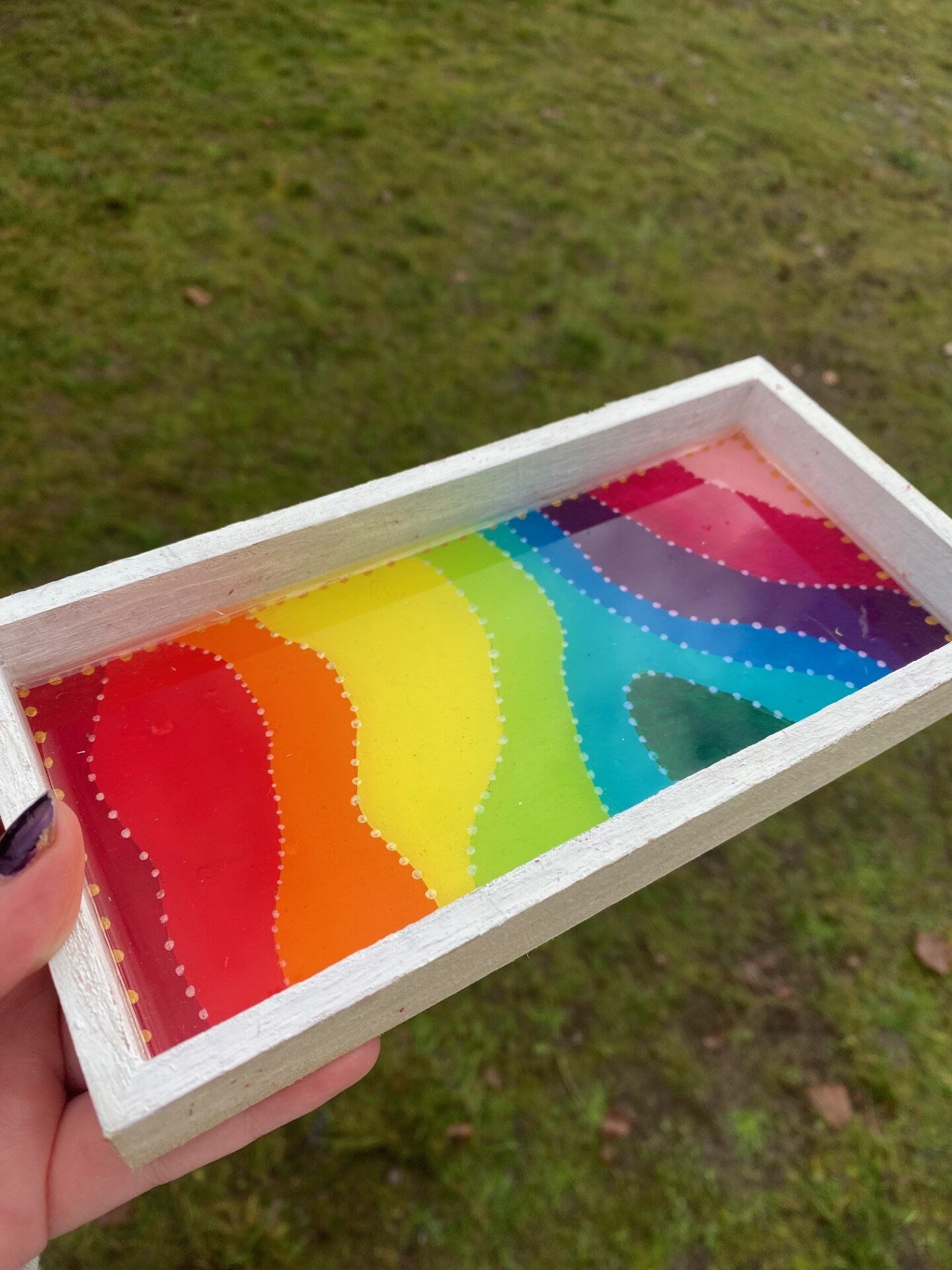 Rainbow tray, colourful resin coated tray.