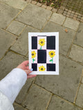 Mini sunflowers on a geometric background,  acrylic painting on A5 paper with border.