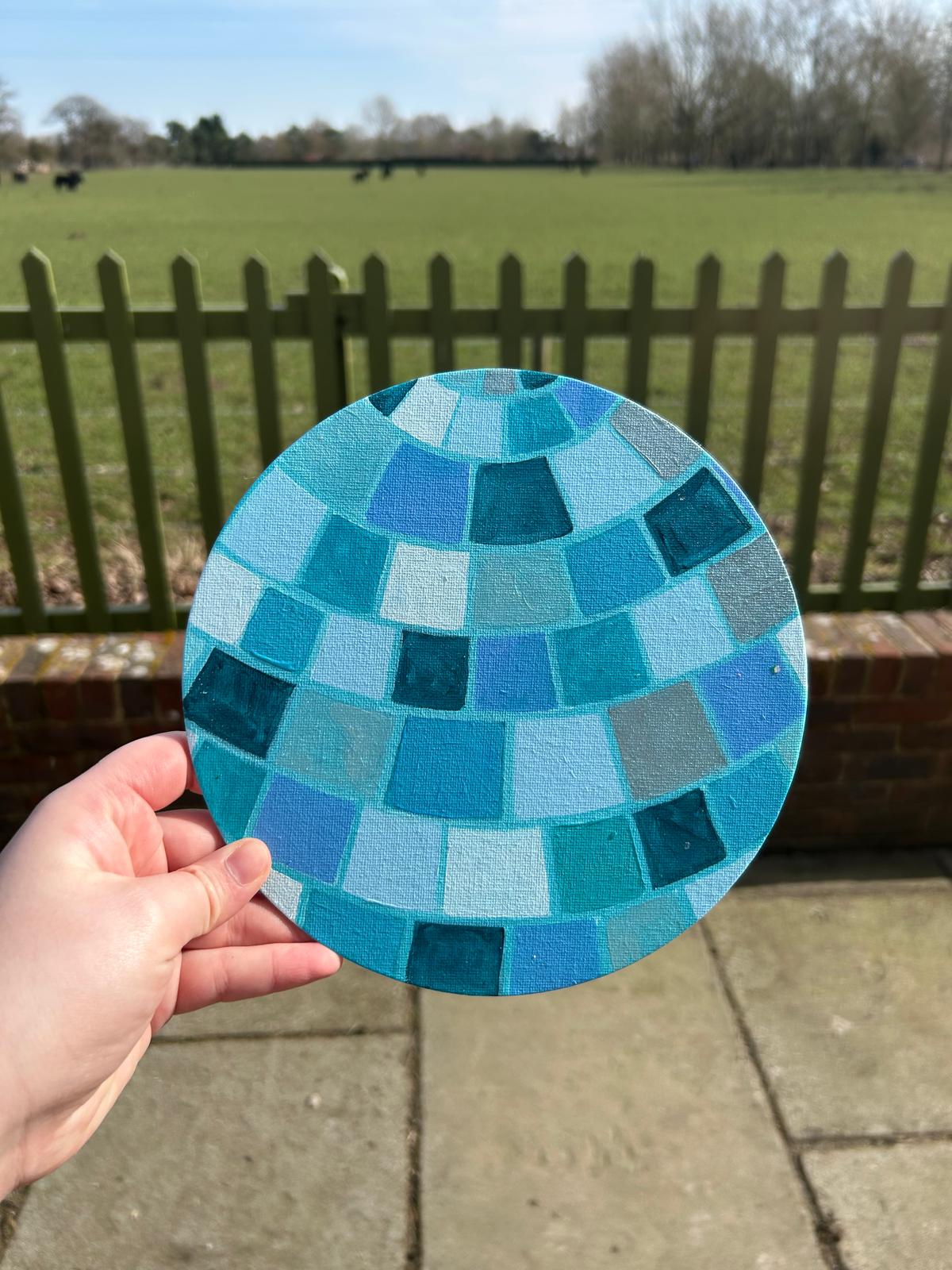 Disco blue mirror ball, round acrylic painting.