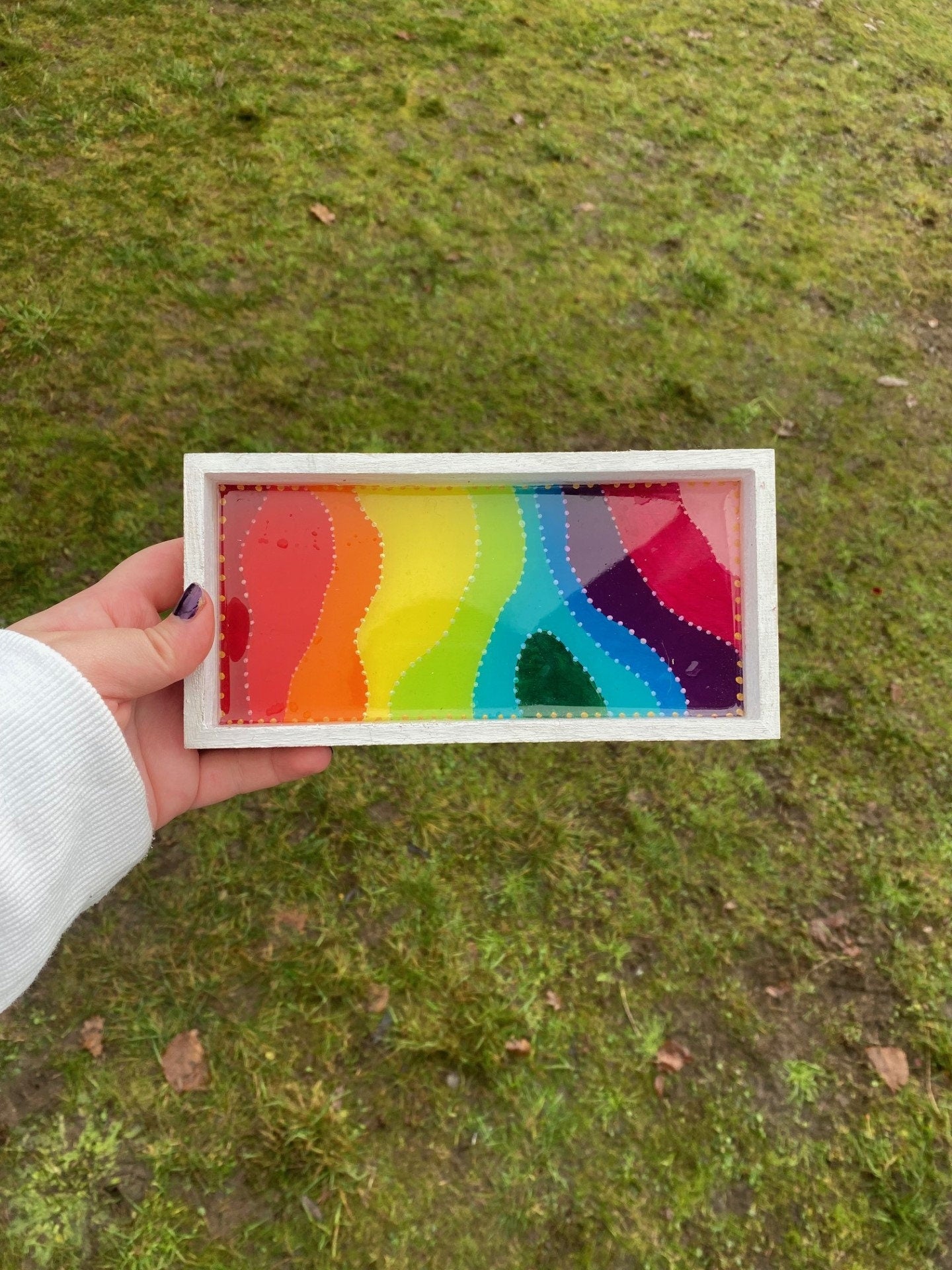 Rainbow tray, colourful resin coated tray.
