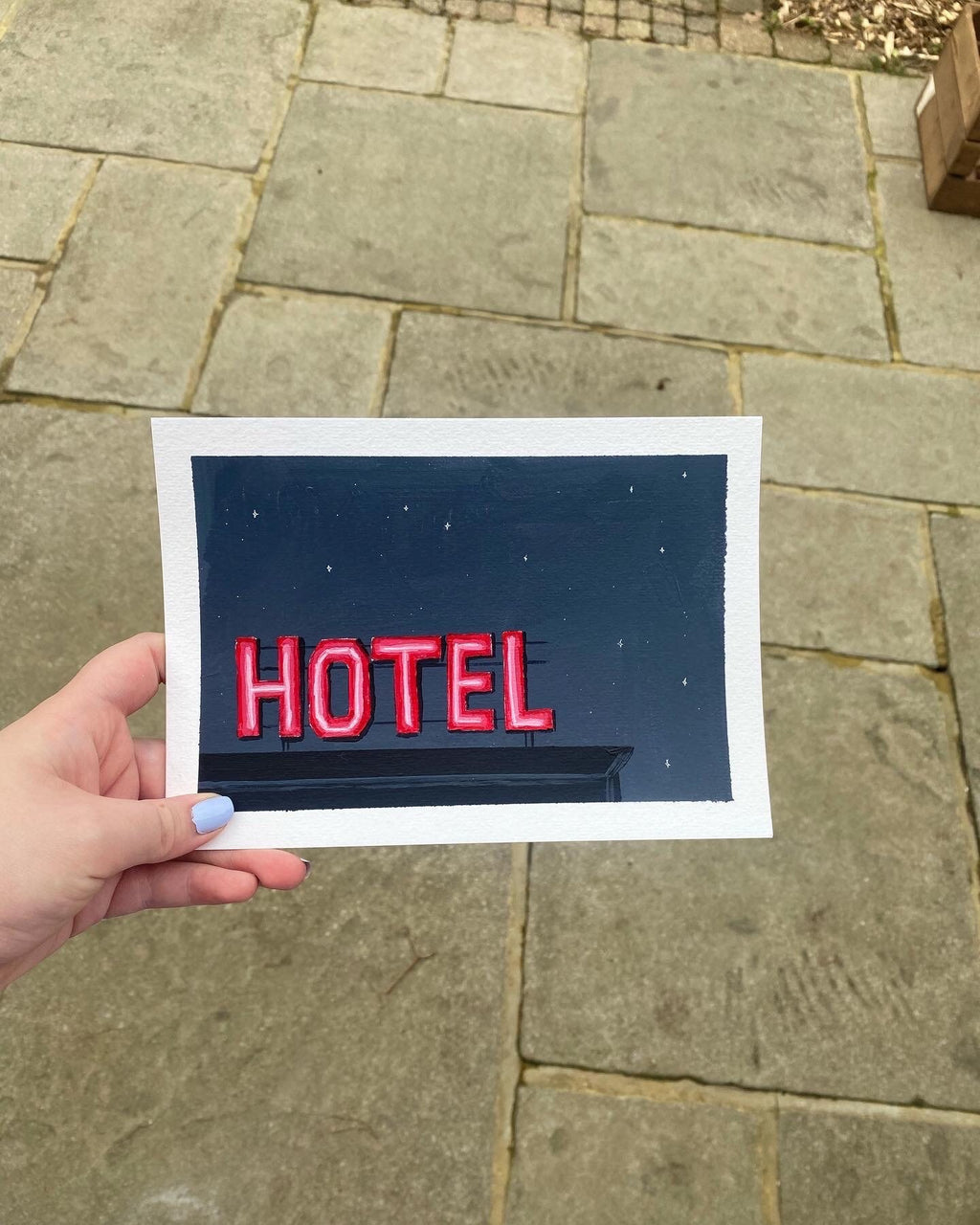 Mini neon hotel sign, acrylic on A5 paper with border.