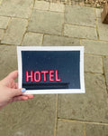 Mini neon hotel sign, acrylic on A5 paper with border.