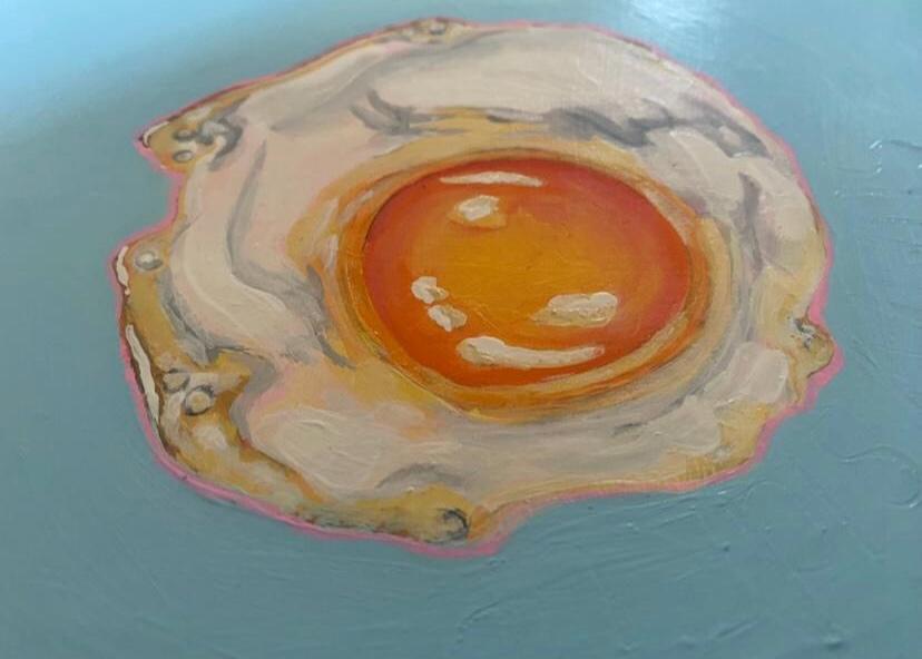 Sunny side up, acrylic fried egg painting on wooden panel.