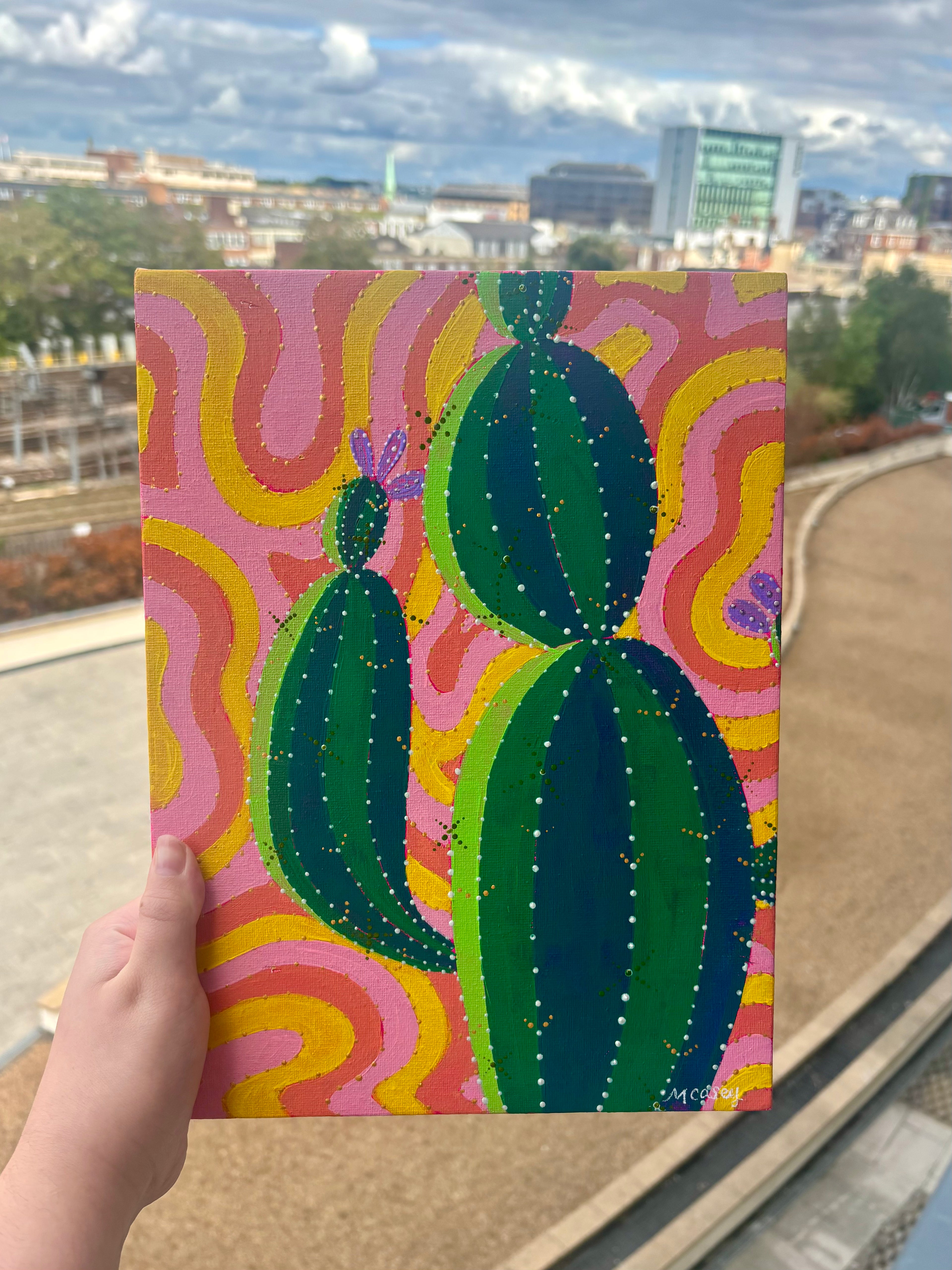 Colourful cactus, acrylic painting.