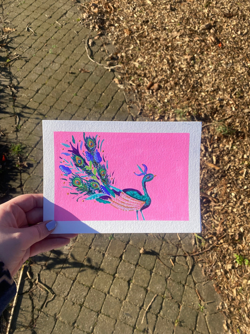 Mini peacock painting, Elegant lady,  my other half,  acrylic on A5 paper with border.