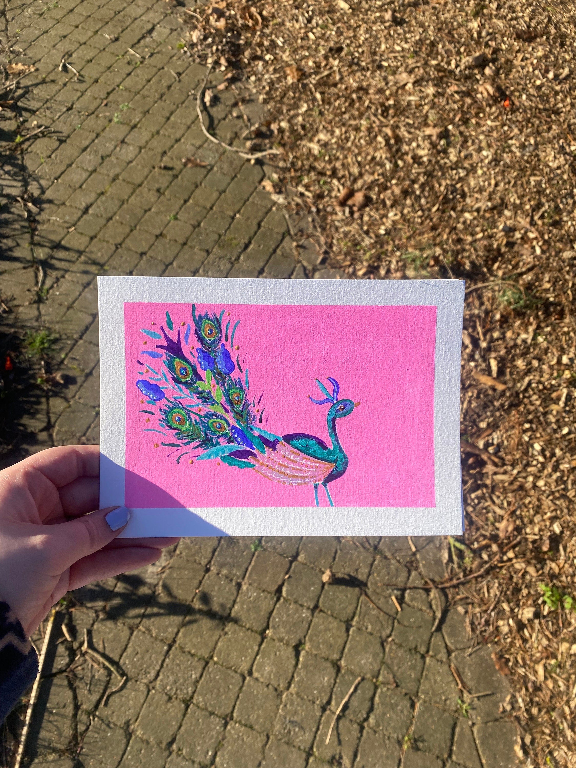 Mini peacock painting, Elegant lady,  my other half,  acrylic on A5 paper with border.