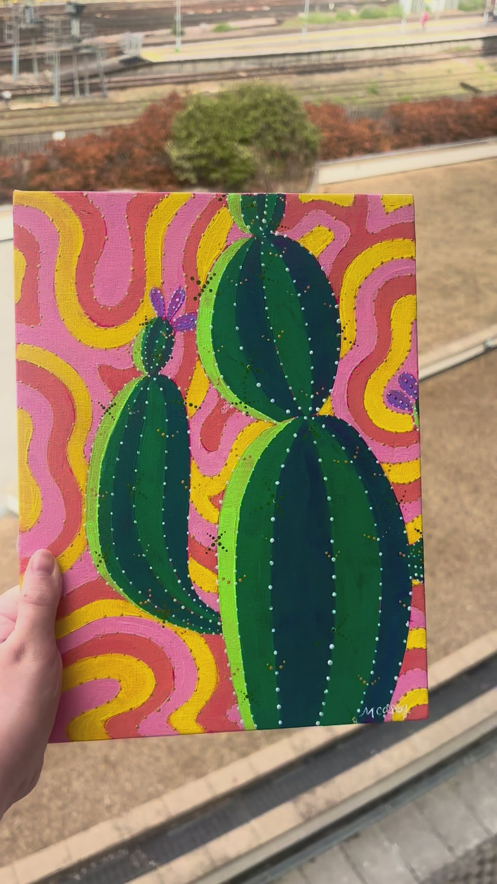 Colourful cactus, acrylic painting.